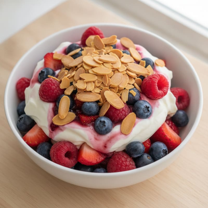Greek Yogurt Protein Parfait with Mixed Berries and Almonds