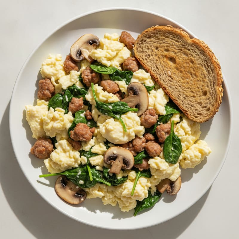 Egg White and Turkey Sausage Scramble with Spinach and Mushrooms