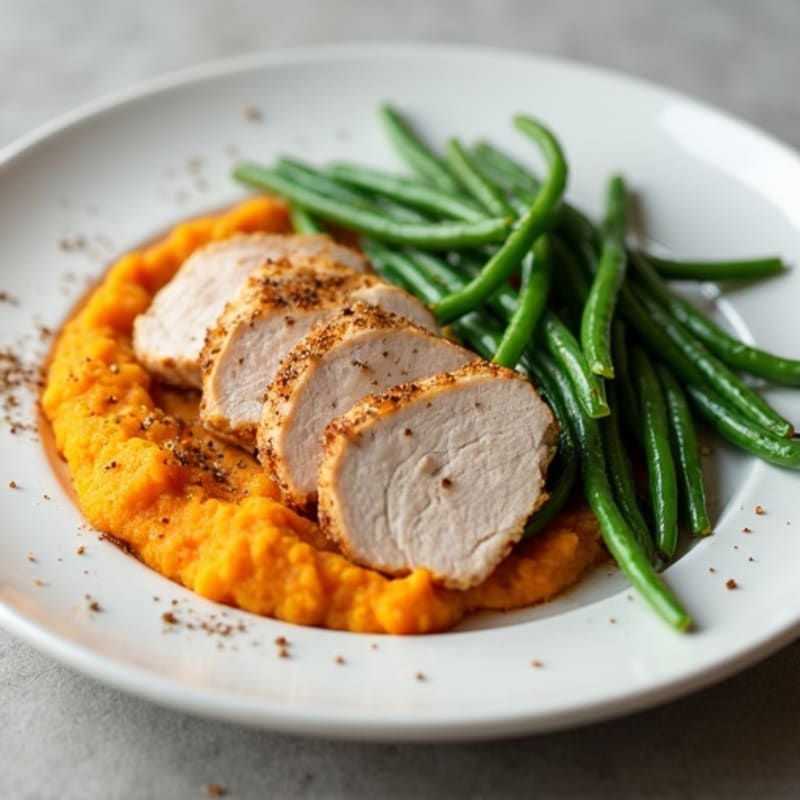 Seared Turkey Breast with Steamed Green Beans and Sweet Potato Mash