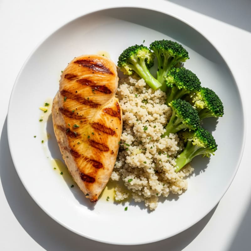 Grilled Chicken Breast with Steamed Broccoli and Quinoa