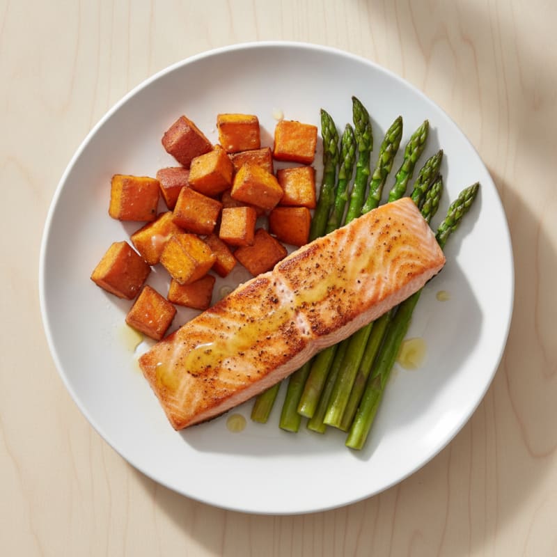 Seared Salmon Fillet with Roasted Sweet Potatoes and Asparagus