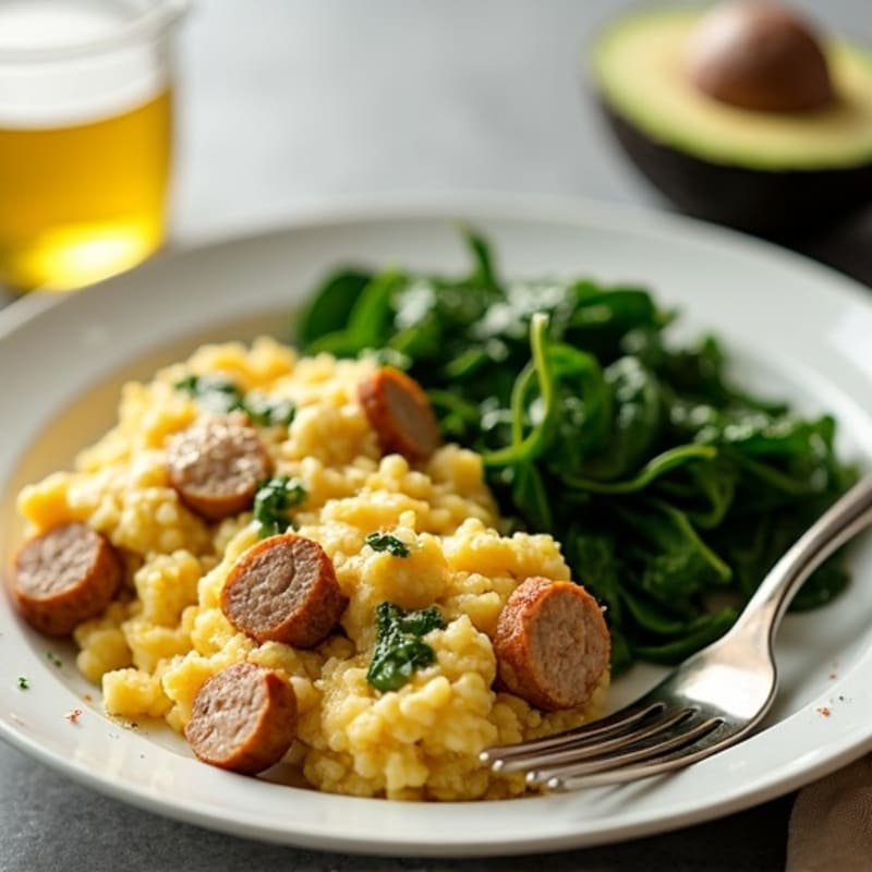 Egg White and Turkey Sausage Scramble with Sautéed Spinach