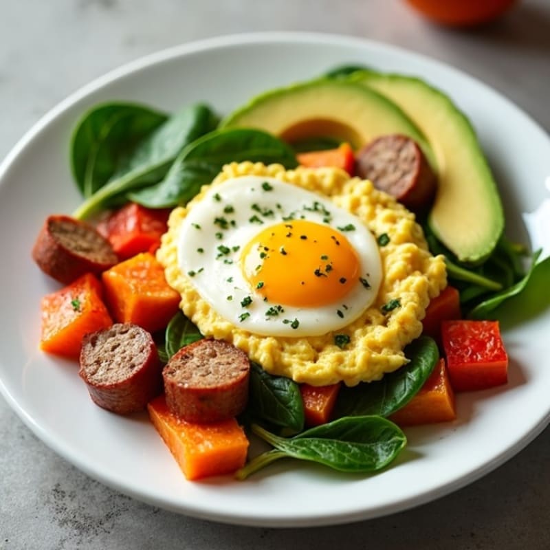 Egg White and Turkey Sausage Scramble with Roasted Sweet Potato