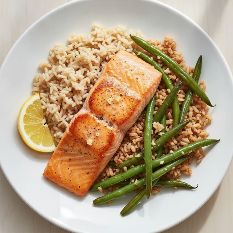 Seared Salmon Fillet with Garlic Green Beans and Brown Rice