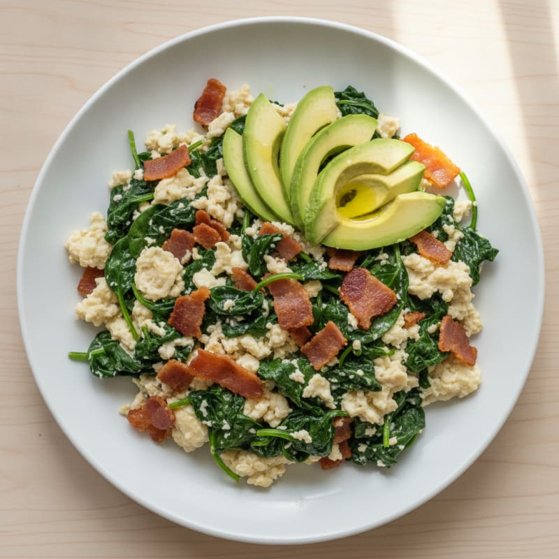 Crispy Turkey Bacon Egg White Scramble with Sautéed Spinach