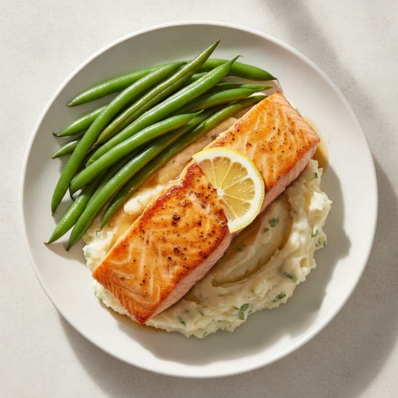 Seared Salmon with Steamed Green Beans and Garlic Mashed Potatoes
