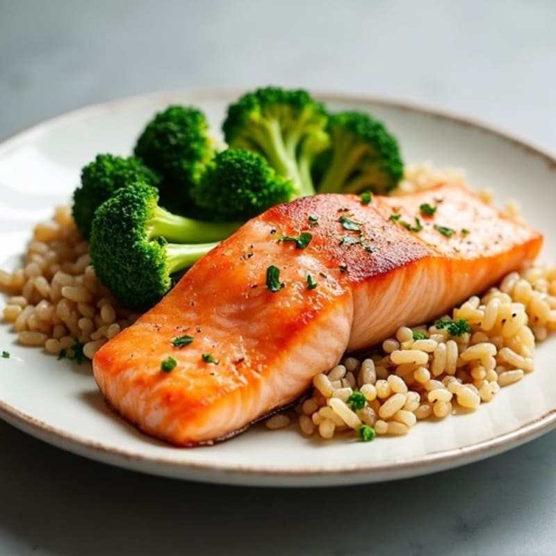 Seared Salmon with Steamed Broccoli and Brown Rice