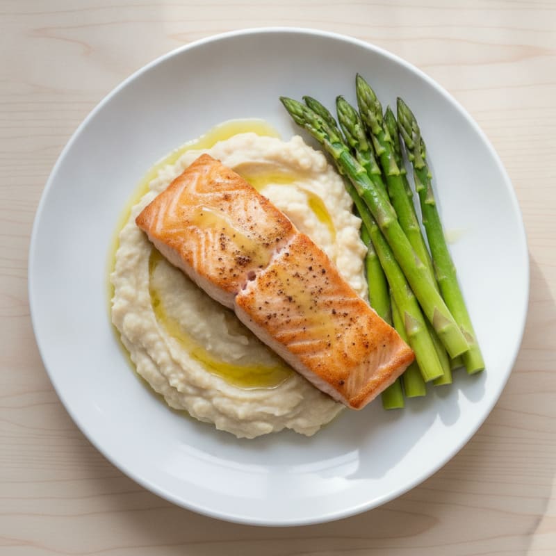 Seared Salmon Fillet with Creamy White Bean Mash and Steamed Asparagus
