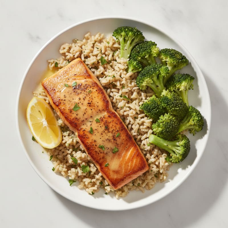 Seared Salmon with Steamed Broccoli and Herb Rice