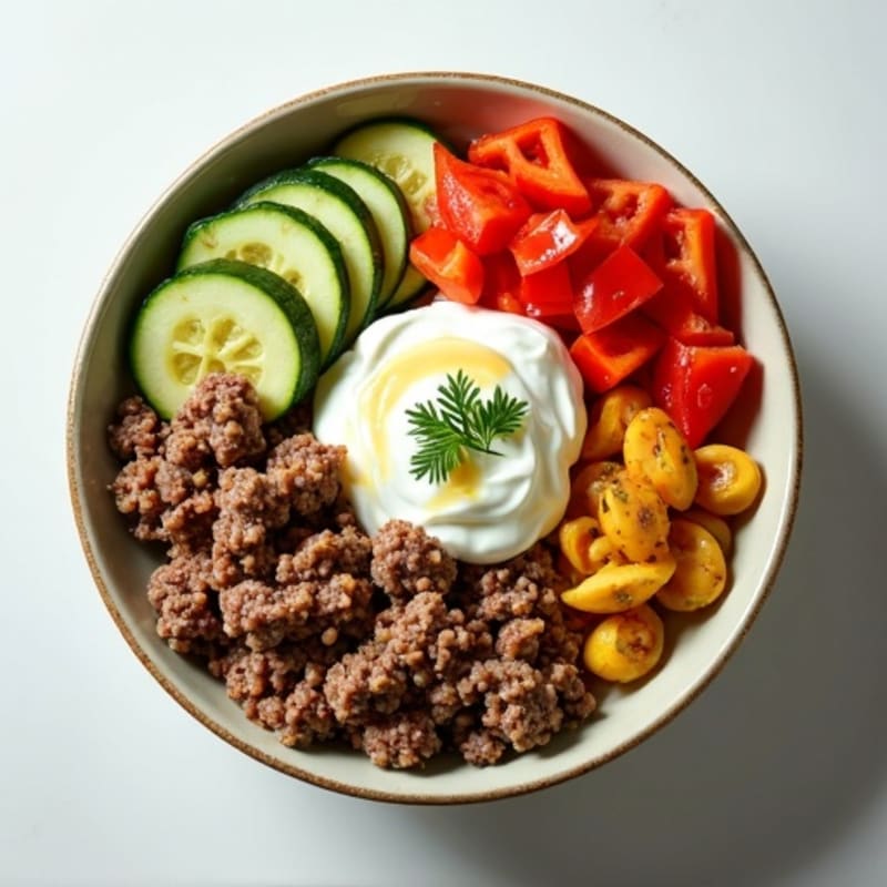 Lean Ground Beef and Crispy Veggie Bowl with Creamy Tangy Dressing