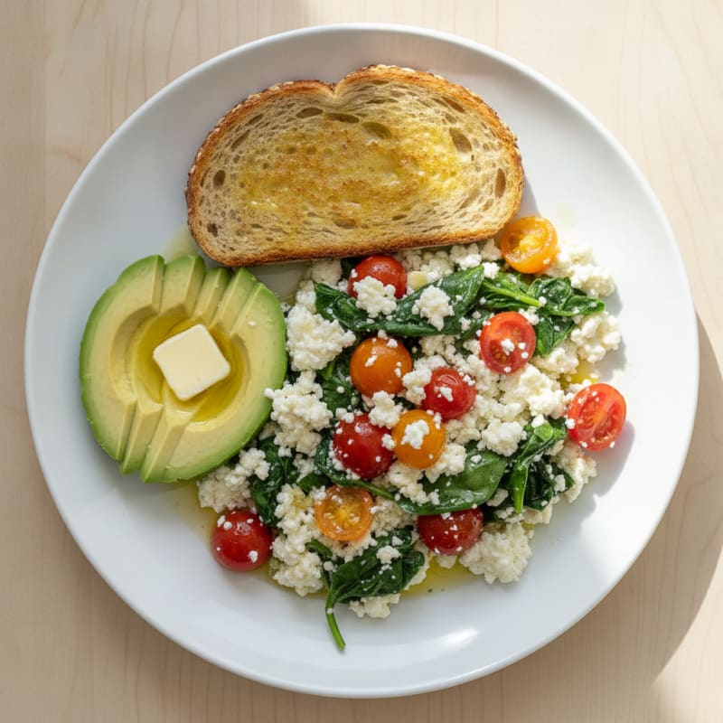 Cottage Cheese Egg White Scramble with Spinach and Cherry Tomatoes