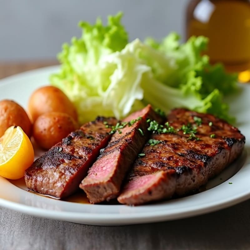 Seared Steak with Roasted Potatoes and Shredded Lettuce
