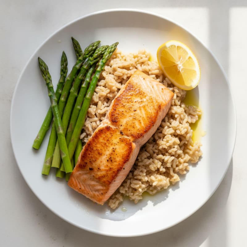 Seared Salmon with Steamed Asparagus and Brown Rice