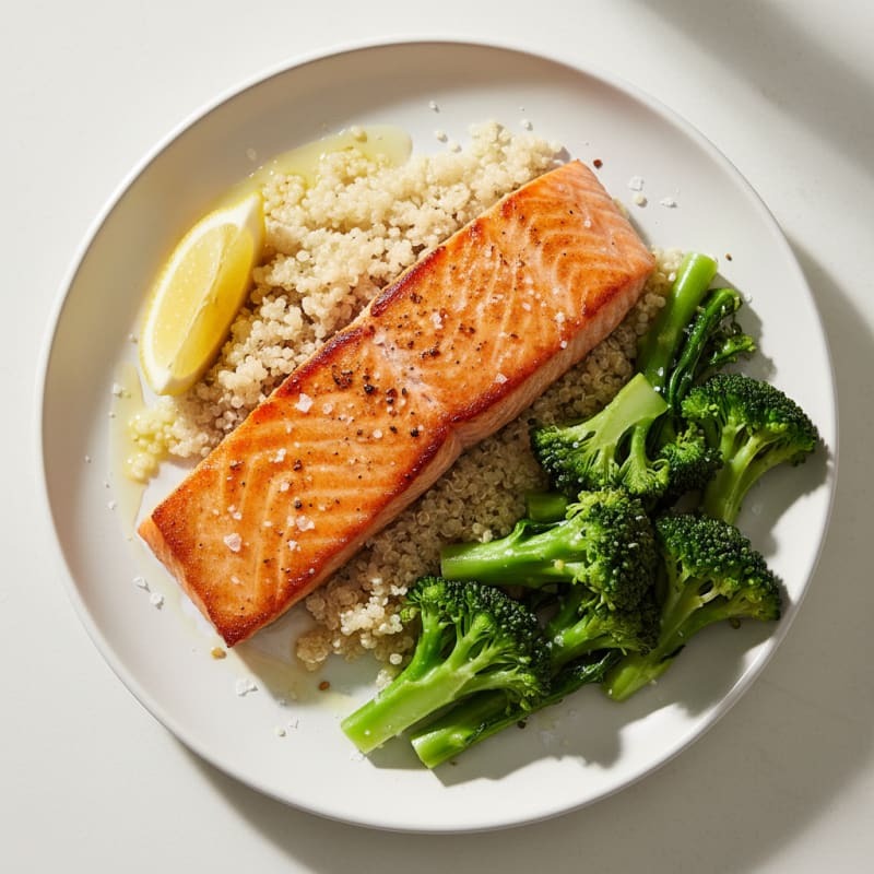 Seared Salmon with Steamed Broccoli and Quinoa