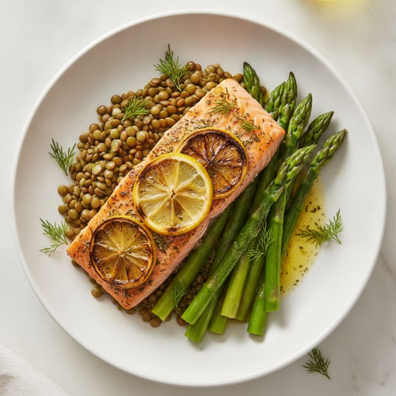 Herb-Roasted Salmon with Steamed Asparagus and Lentils