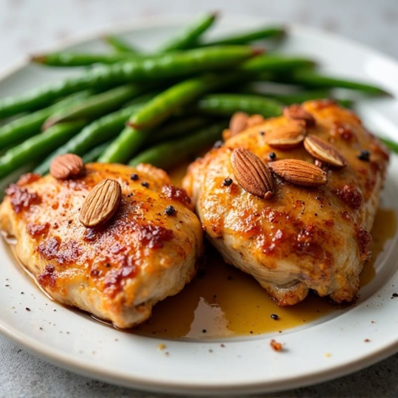 Crispy Honey-Glazed Chicken Thighs with Toasted Almonds and Roasted Green Beans