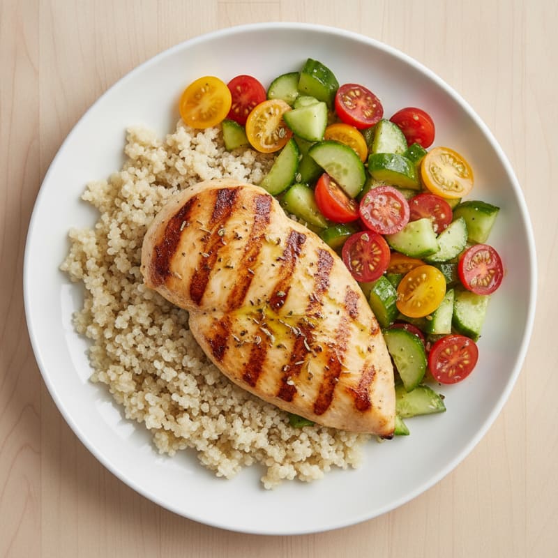 Grilled Chicken Breast with Quinoa and Crunchy Cucumber Tomato Salad