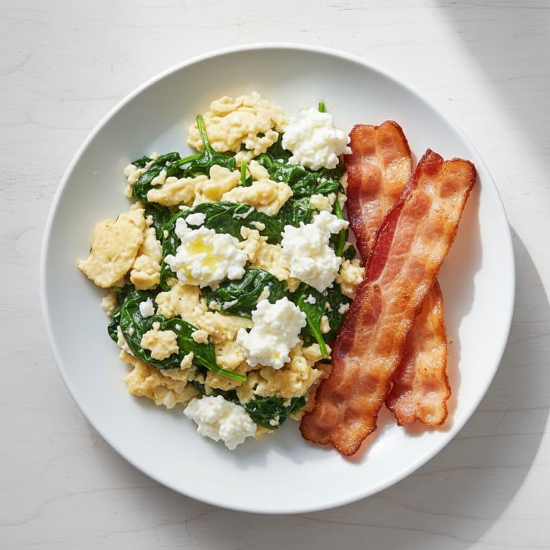 Egg White Spinach Scramble with Cottage Cheese and Turkey Bacon