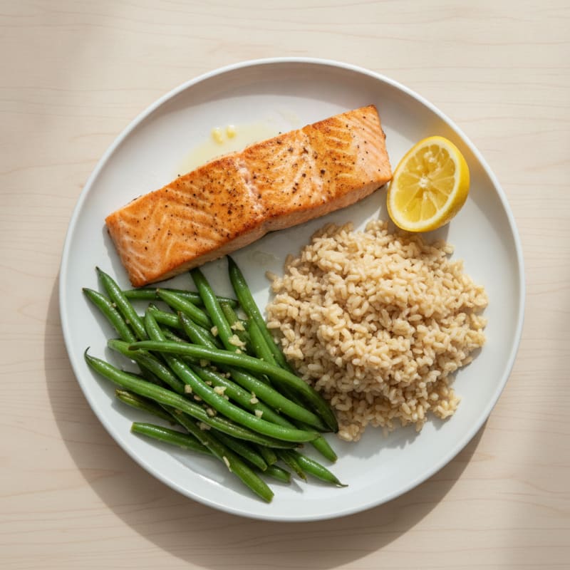 Seared Salmon Fillet with Garlic Green Beans and Brown Rice