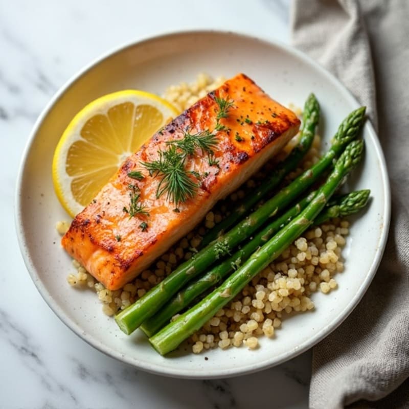 Seared Salmon with Steamed Asparagus and Herb Quinoa
