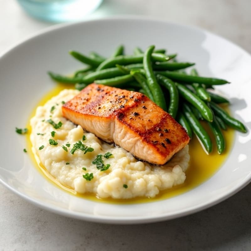 Seared Salmon with Garlic Green Beans and Cauliflower Mash