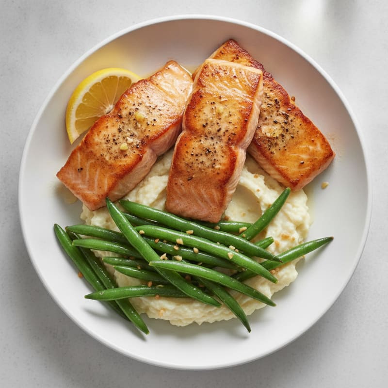 Seared Salmon with Garlic Green Beans and Cauliflower Mash