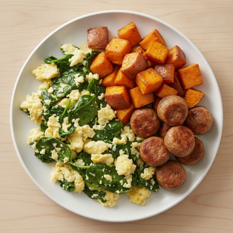 Egg White Spinach Scramble with Turkey Sausage and Roasted Sweet Potatoes