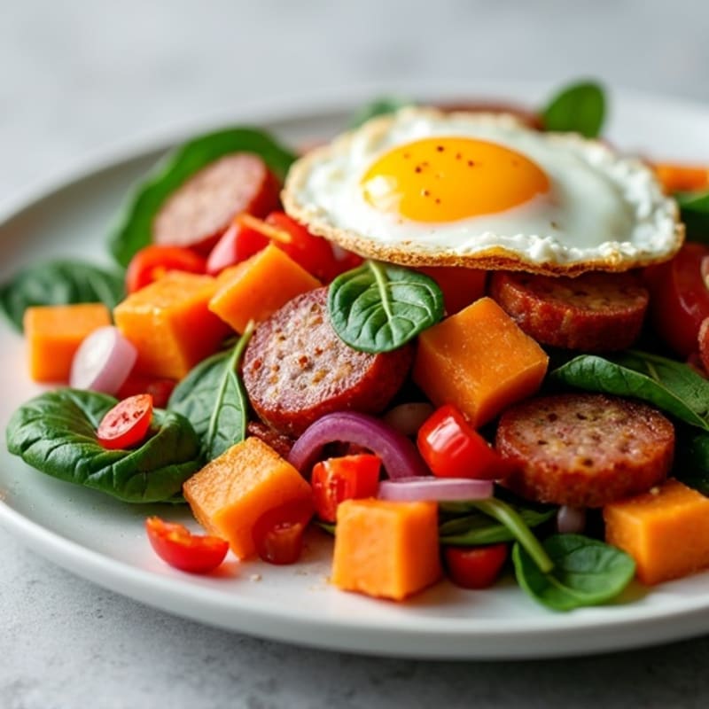 Sweet Potato and Vegetable Hash with Lean Turkey Sausage and Eggs