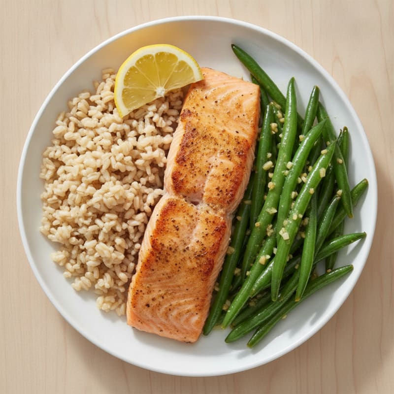 Seared Salmon with Steamed Brown Rice and Garlic Green Beans