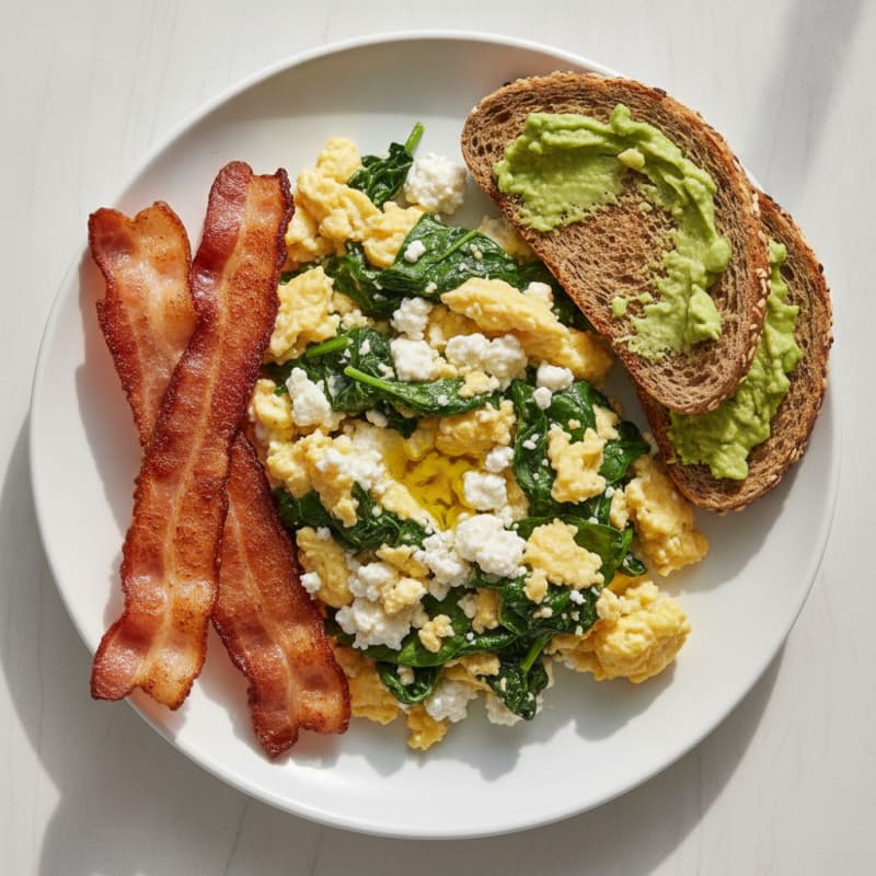 Cottage Cheese Scramble with Spinach and Turkey Bacon