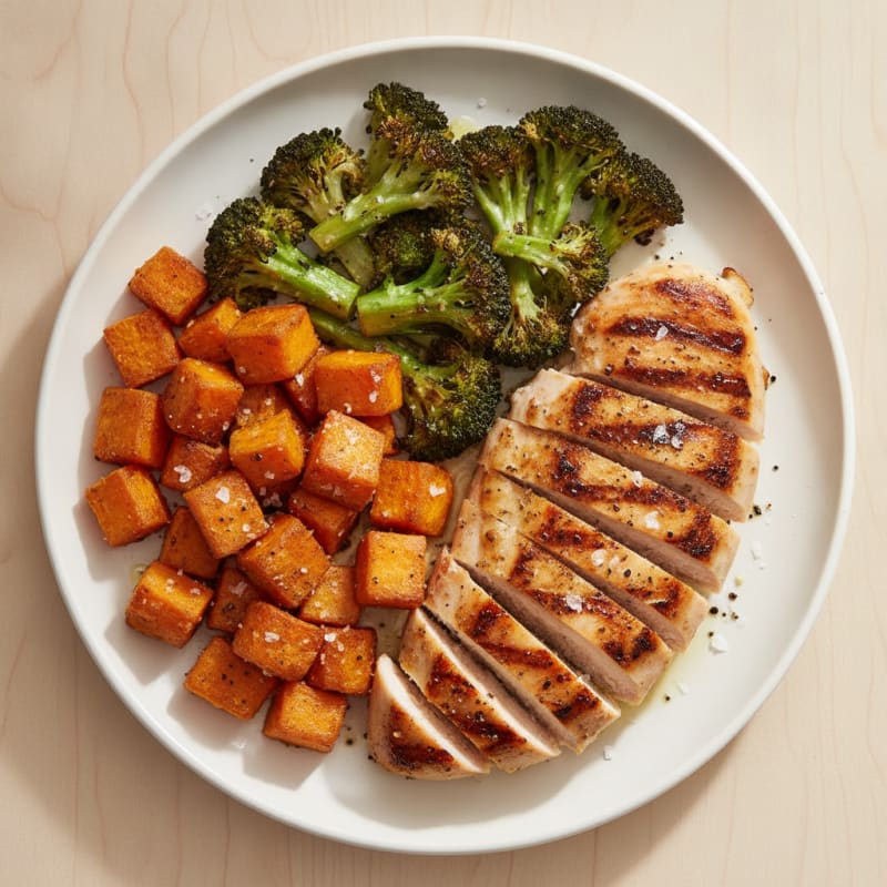 Grilled Chicken Breast with Roasted Sweet Potato and Broccoli