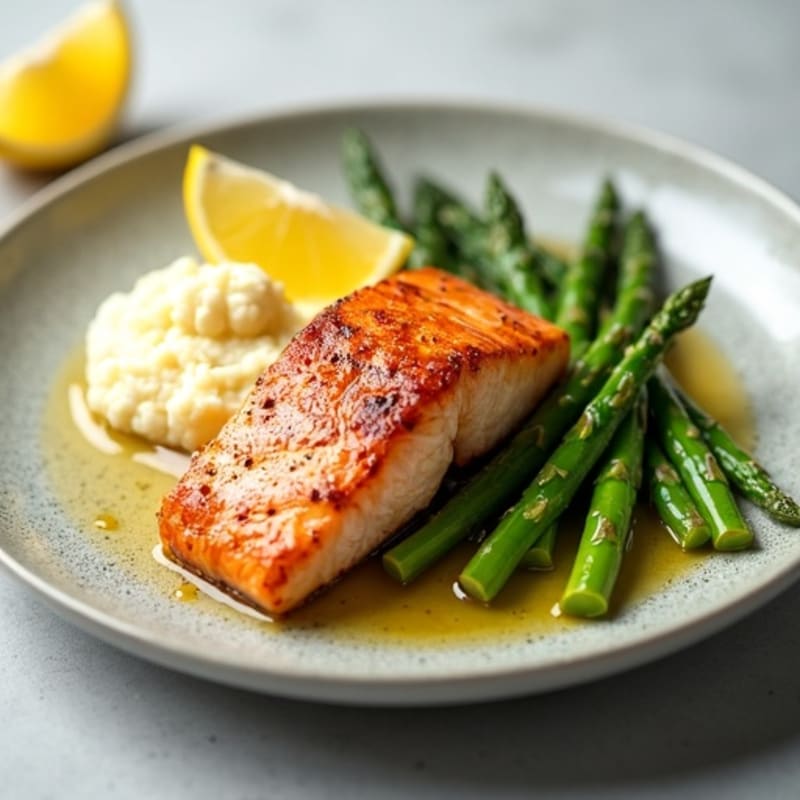 Seared Salmon Fillet with Steamed Asparagus and Cauliflower Mash