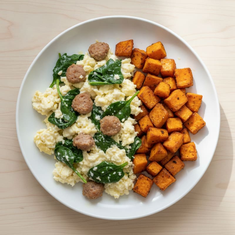 Egg White Spinach Scramble with Turkey Sausage and Roasted Sweet Potatoes