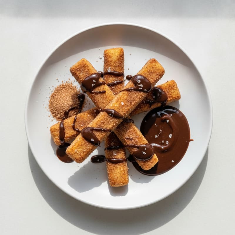 High-Protein Cinnamon Sugar Churros with Dark Chocolate Sauce