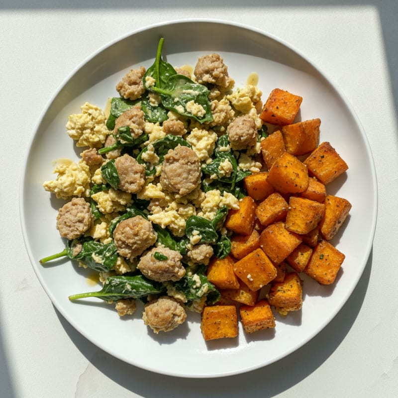 Egg White and Turkey Sausage Scramble with Spinach and Roasted Sweet Potatoes