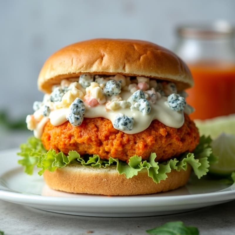 Lean Buffalo Chicken Burgers with Creamy Blue Cheese Slaw