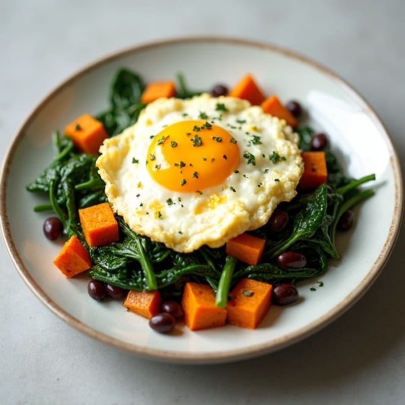 Cottage Cheese Egg White Scramble with Spinach, Roasted Sweet Potato & Black Beans