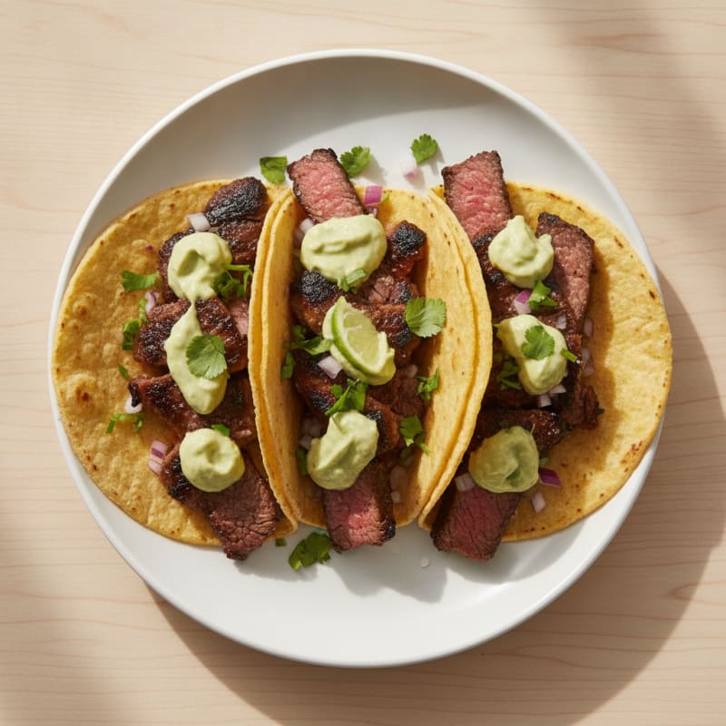 Carne Asada Tacos with Avocado Crema