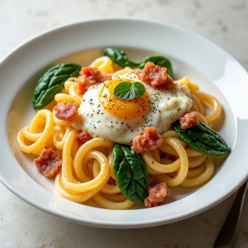 Creamy Egg and Lean Turkey Bacon Pasta with Wilted Greens