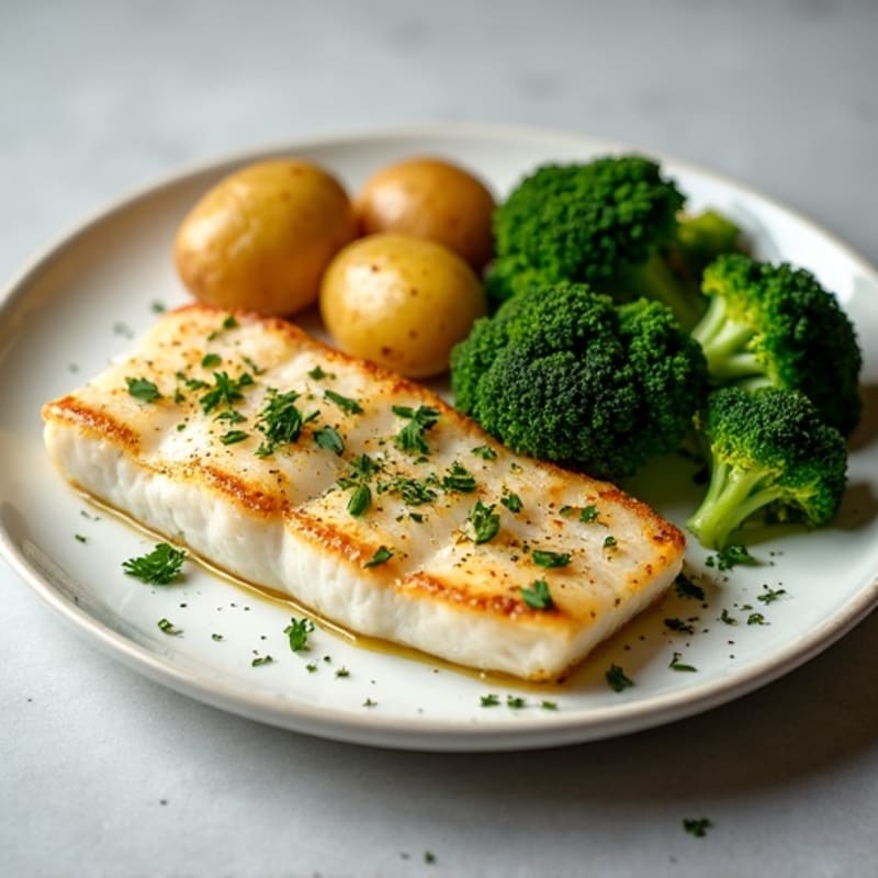 Pan-Seared Fish with Herb-Roasted Potatoes and Steamed Broccoli