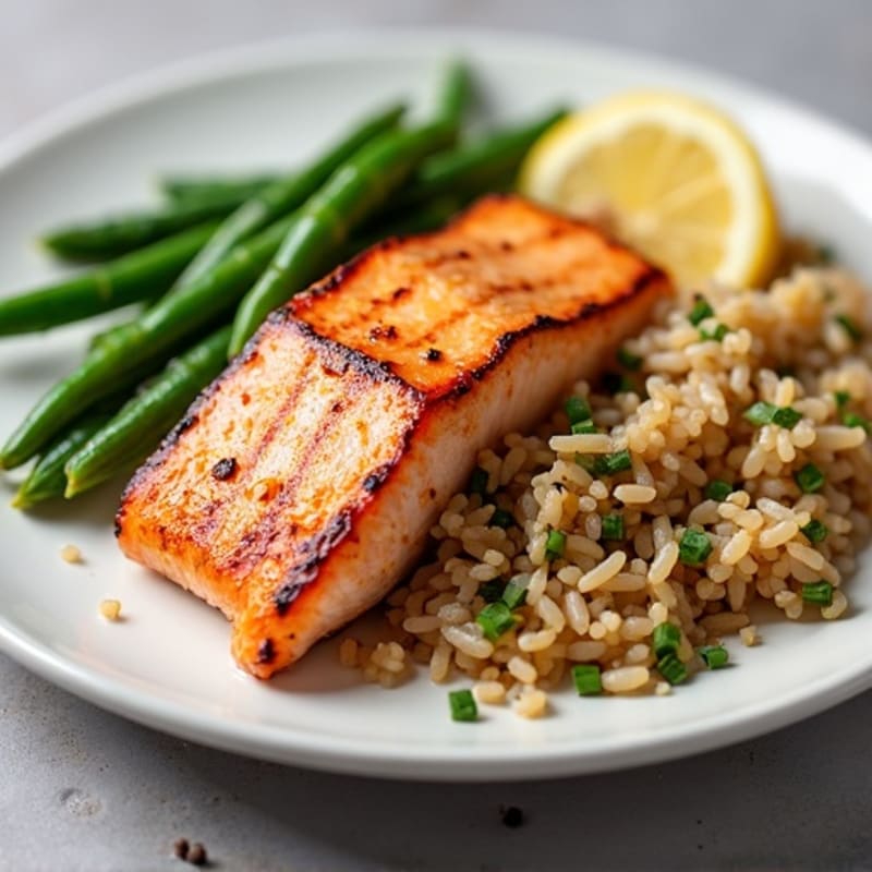 Seared Salmon with Garlic Green Beans and Brown Rice