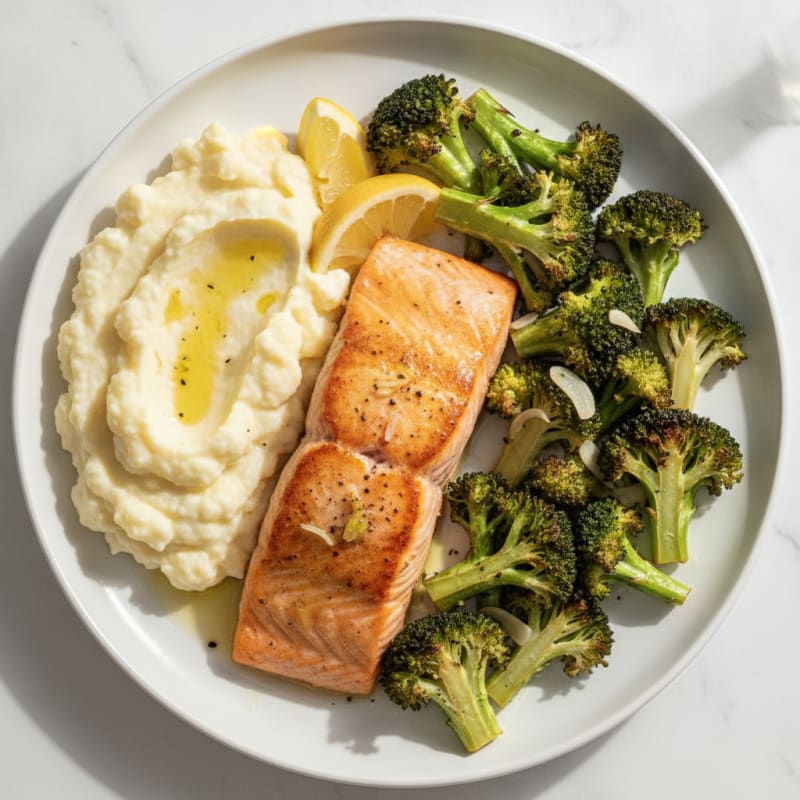 Seared Salmon with Roasted Broccoli and Garlic Mashed Cauliflower