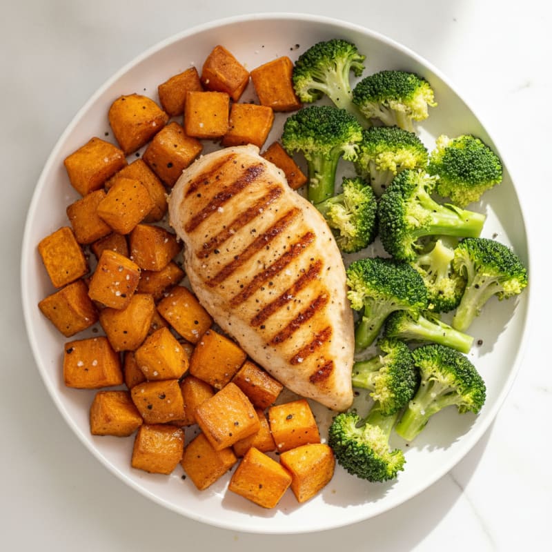 Grilled Chicken Breast with Roasted Sweet Potatoes and Steamed Broccoli