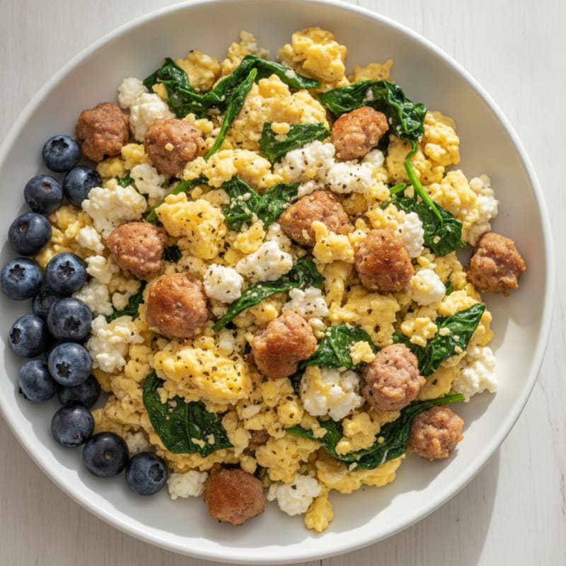 Cottage Cheese Scramble with Turkey Sausage and Spinach
