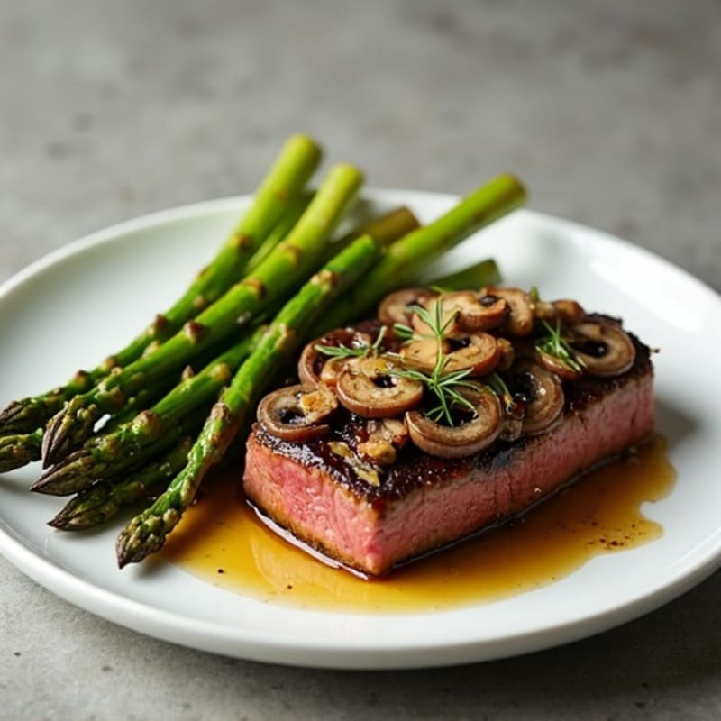 Lean Beef Tenderloin with Savory Mushroom Topping and Crispy Roasted Asparagus