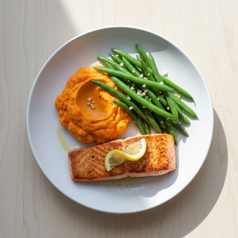 Seared Salmon with Garlic Green Beans and Sweet Potato Mash