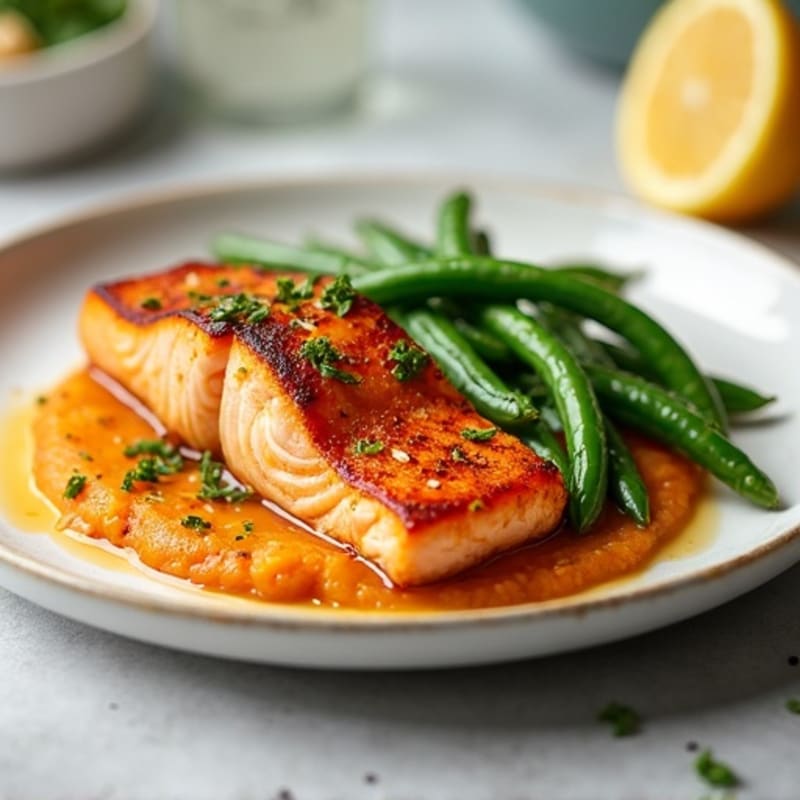 Seared Salmon with Garlic Green Beans and Sweet Potato Mash