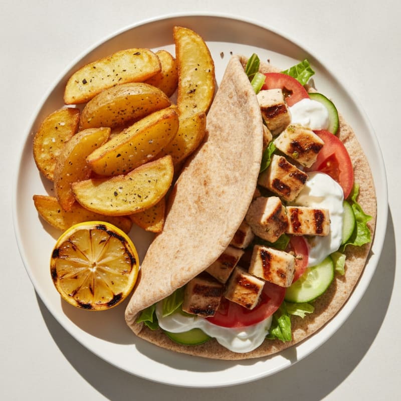 Chicken Souvlaki Pita with Crispy Potato Wedges