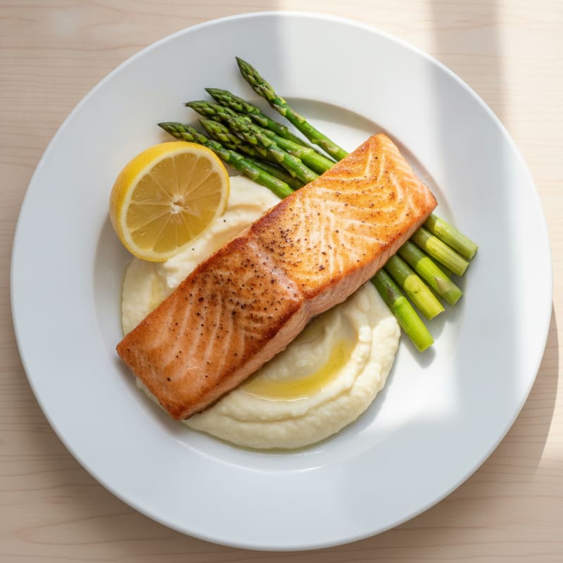 Seared Salmon Filet with Steamed Asparagus and Cauliflower Mash