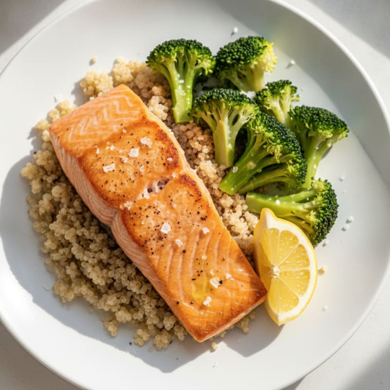 Seared Salmon Fillet with Steamed Broccoli and Quinoa